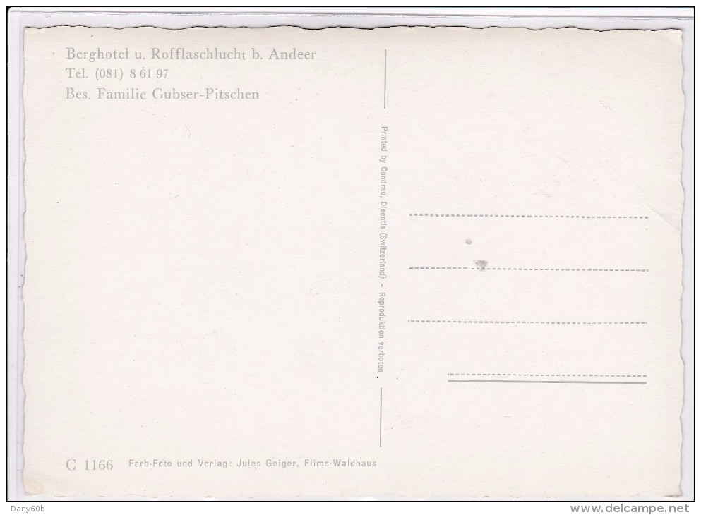 CPSM.GF  - SUISSE -  BERGHOTEL U. ROFFLASCHLUCHT B. ANDEER - BES. FAMILLE GUBSER-PITSCHEN - Andeer