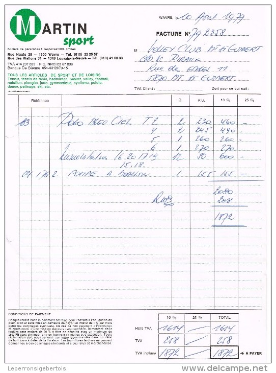 Facture Martin Sports Wavre à Cclub De Volley Mont-Saint-Guibert 1979 - Sports & Tourisme