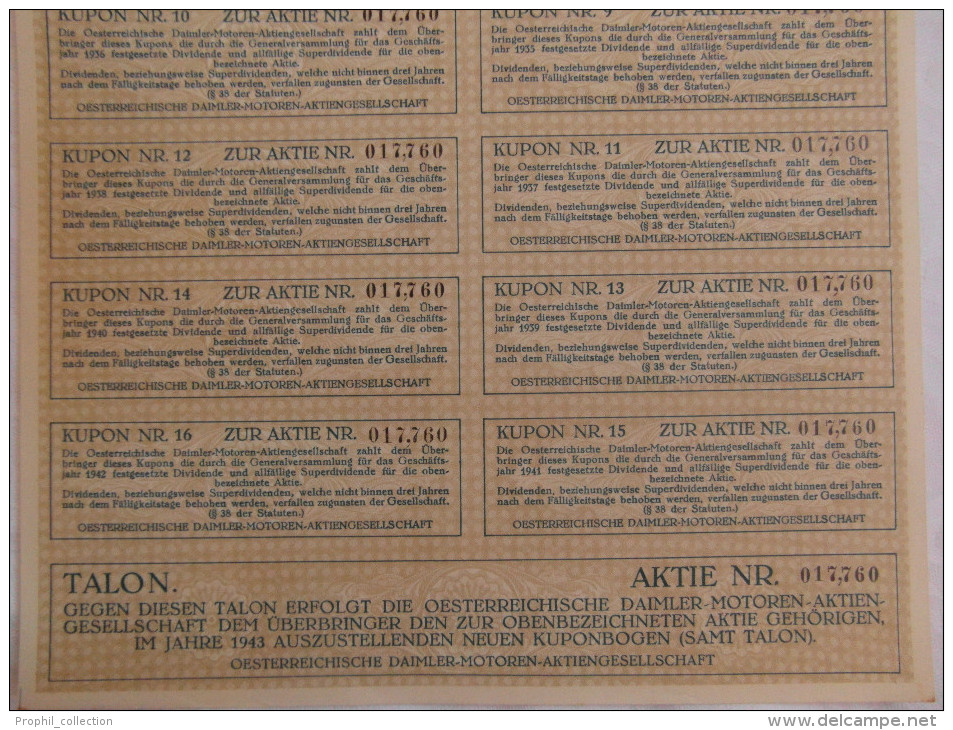 RARE ! Action AKTIE Oesterreichischen Daimler-Motoren-Aktiengesellschaft 100 Zehn Schilling Wien 1927 Vienne Autriche - Automobile