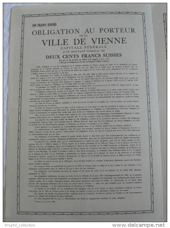 Action Schuldverschreibung Der Bundeshauptstadt Wien 19 Juni 1931 Bond Of 200 Swiss Frank Emprunt Vienne Titre - Other & Unclassified