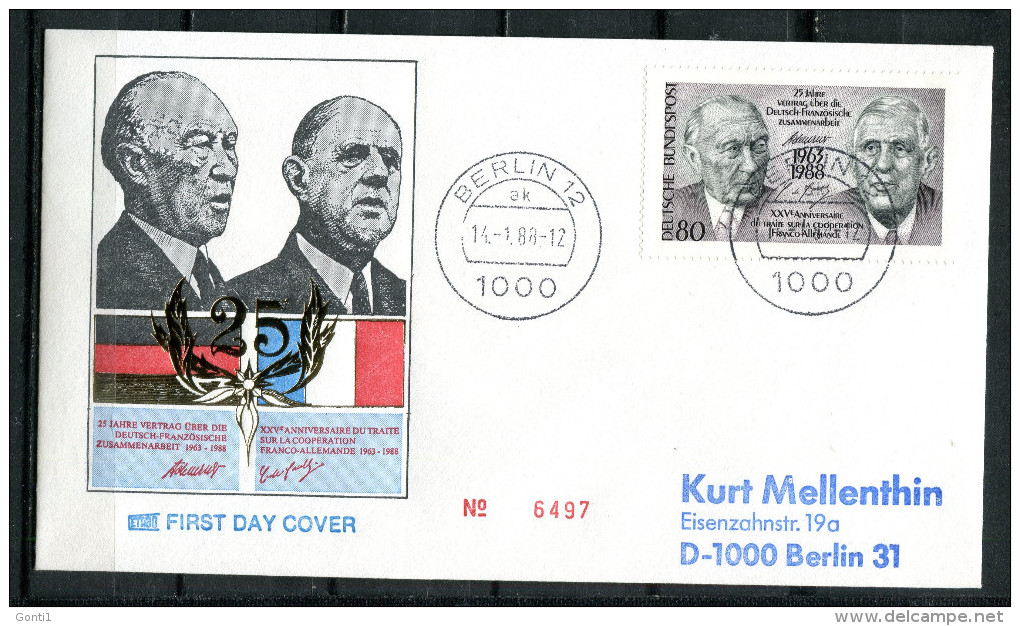 First Day Cover Germany,Allemagne 1988 Mi.Nr.1351 Erstagsbrief "25 Jahre Vertrag über Zasammenarbeit, " 1 FDC - De Gaulle (Generale)