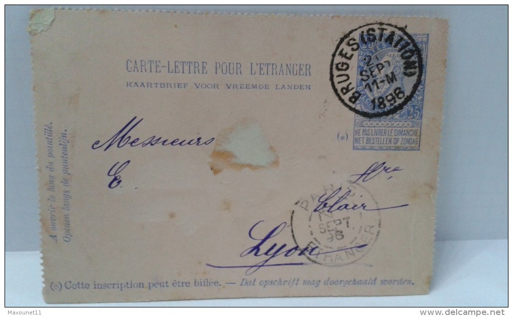 Carte-lettre Leopold II . 02-09-1896. De Bruges Station Vers Lyon ... Lot 285 . - Letter-Cards