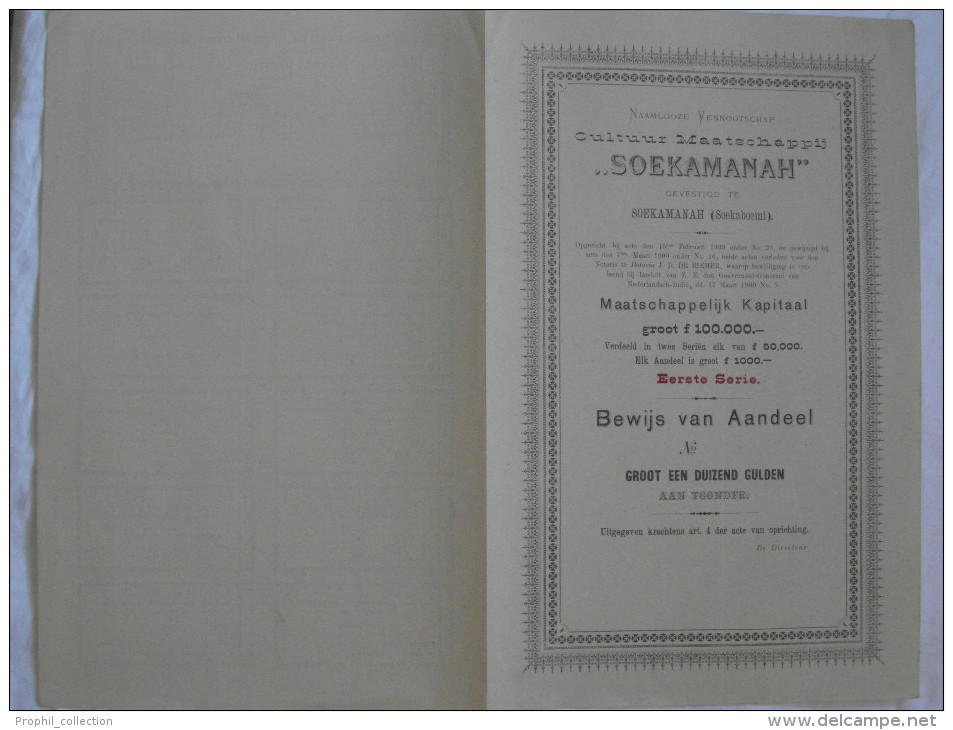 Action SOEKAMANAH Soekaboemi CULTUUR MAATSCHAPPIJ 1900 Nederlandsch-Indie EERSTE SERIE Groot 1000f Aandeel Emprunt Titre - Other & Unclassified