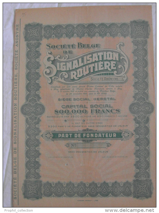 Action 1927 De 250F SIGNALISATION ROUTIERE SOCIETE BELGE Herstal Payable à Bruxelles Liège Notaire à Huy Emprunt Titre - Other & Unclassified