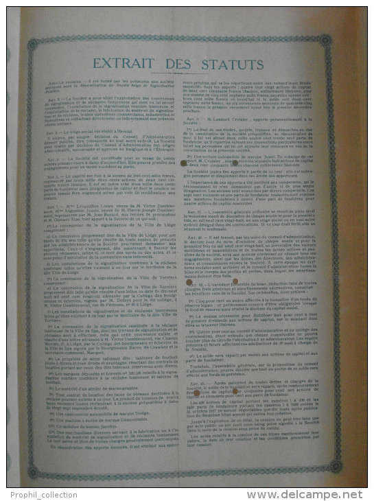 Action 1927 de 250F SIGNALISATION ROUTIERE SOCIETE BELGE Herstal payable à Bruxelles Liège Notaire à Huy emprunt titre