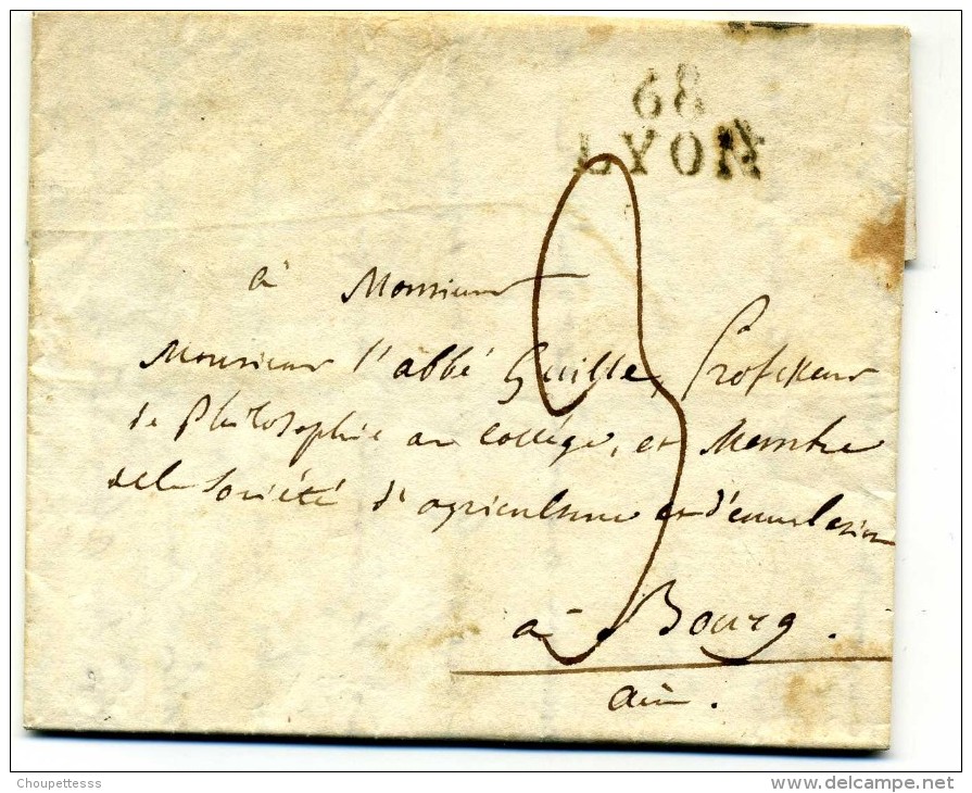 Lettre   Avec  Marque Linéaire LYON  68  + Taxe  3 Pour   Bourg   1828 - 1801-1848: Précurseurs XIX