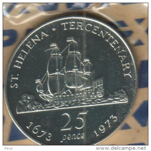 SAINT HELENA ISLAND 25 PENCE SHIP 300 YEARS FRONT QEII HEAD BACK 1973 UNC KM5 READ DESCRIPTION CAREFULLY!! - Sint-Helena