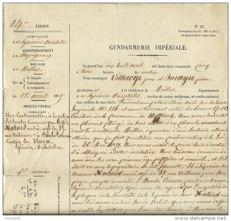 1855 - GENDARMERIE IMPÉRIALE - Contravention Pour Un Chariot Dépourvu D´une Lanterne Allumée - - Documents Historiques