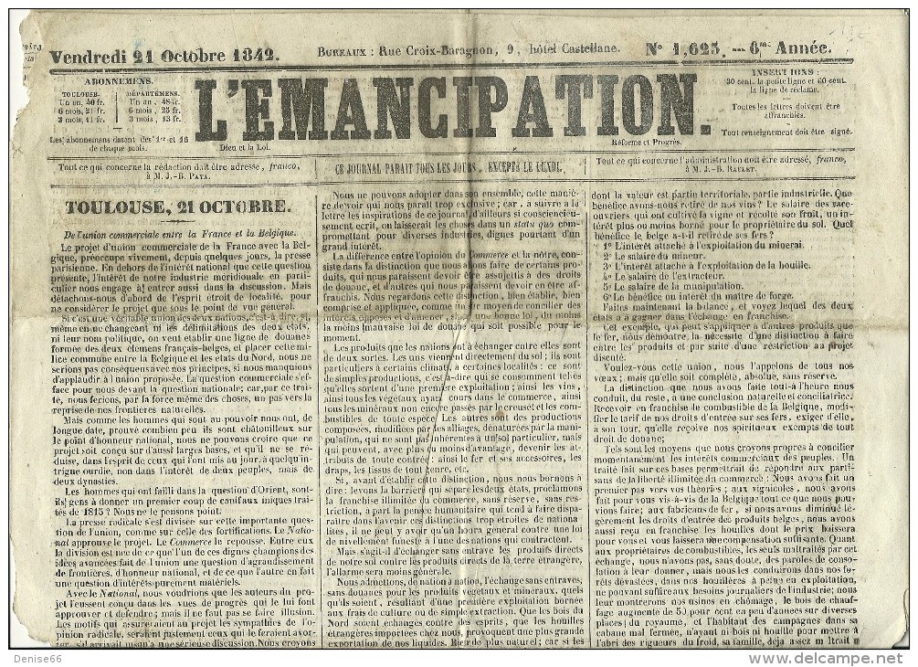 Octobre 1842 - Quotidien "L’ÉMANCIPATION" Dieu Et La Loi - Réforme Et Progrès - - Documenti Storici