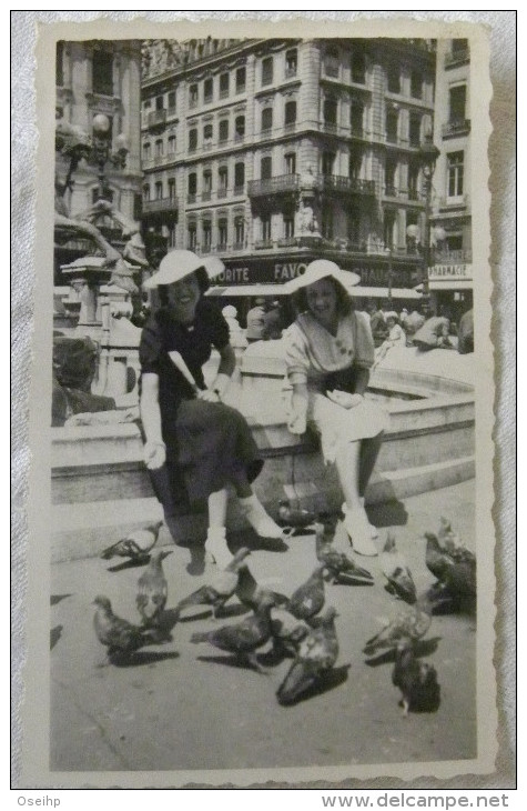 Photographie Ancienne Femmes Pigeons Fontaine Pharmacie    - Photo Lugda Lumière - Personnes Anonymes