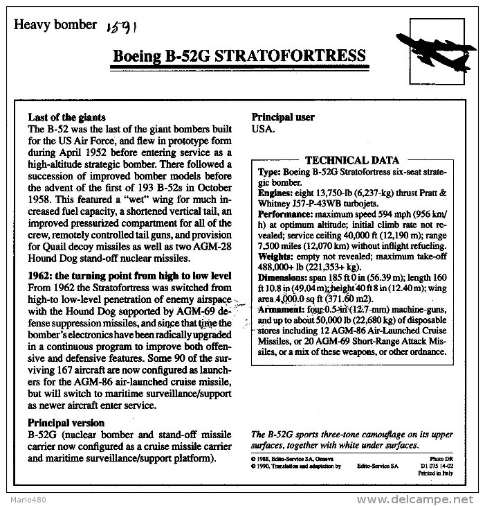 BOEING B-52G  STRATOFORTRESS        (NUOVO CON DESCRIZIONE E SCHEDA TECNICA)  2 SCAN - 1946-....: Era Moderna