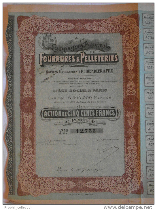 Action 1910 De 500 F Compagnie Generale Fourrures & Pelleteries Anciens Etablissements N Haendler & Fils Paris France - Textil