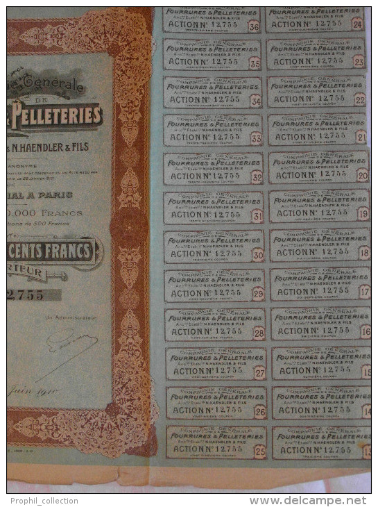 Action 1910 De 500 F Compagnie Generale Fourrures & Pelleteries Anciens Etablissements N Haendler & Fils Paris France - Textile