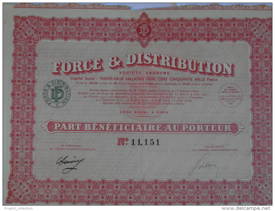 Action 1936  Force & Distribution Societe Anonyme France Paris Part Beneficiaire Au Porteur Emprunt Titre - Other & Unclassified