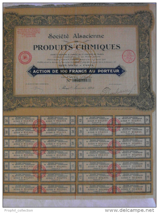 Action 1928 Societe Alsacienne Produits Chimiques Paris Action 100 F  Emprunt Titre - Industrie