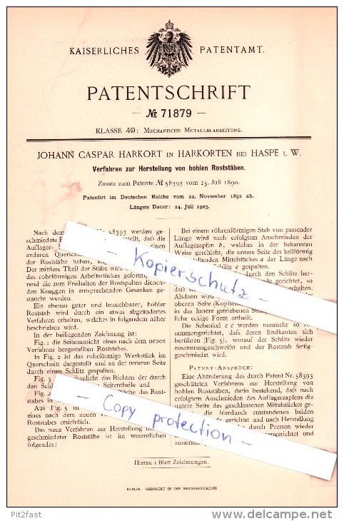 Original Patent - J. C. Harkort In Harkorten Bei Haspe I. W. , 1892 , Herstellung Von Roststäben , Hagen !!! - Hagen