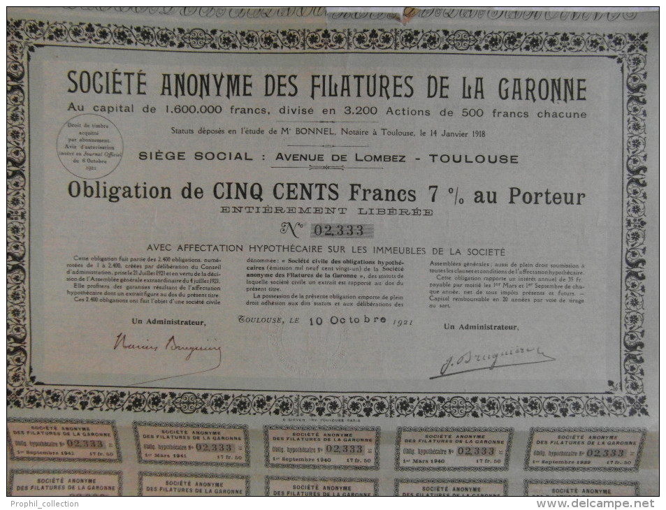 Action 1918  Societe  Anonyme Filatures De La Garonne 500 F 7% Paris Emprunt Titre - Autres & Non Classés