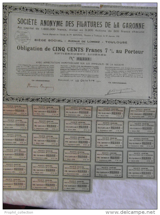 Action 1918  Societe  Anonyme Filatures De La Garonne 500 F 7% Paris Emprunt Titre - Autres & Non Classés