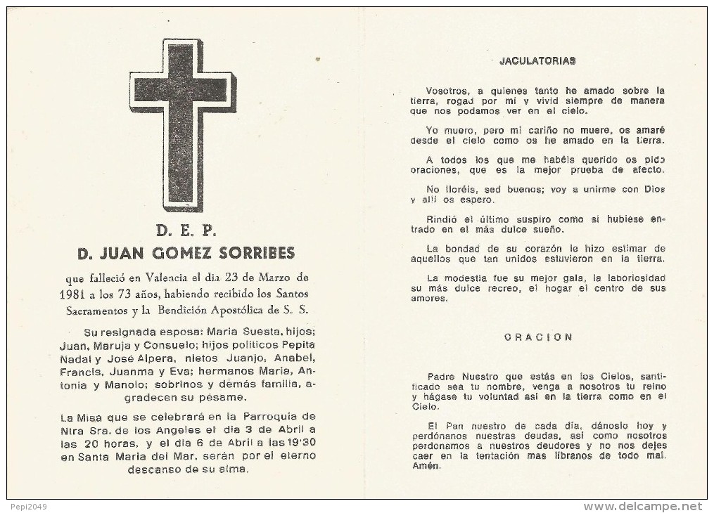 ES341 - RECORDATORIO DE DEFUNCION - VALENCIA 1981 - Otros & Sin Clasificación