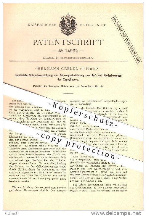 Original Patent - Hermann Gebler In Pirna , 1880 , Schraub- U. Führungsvorrichtung Zum Bewegen Des Zugzylinders !!! - Pirna