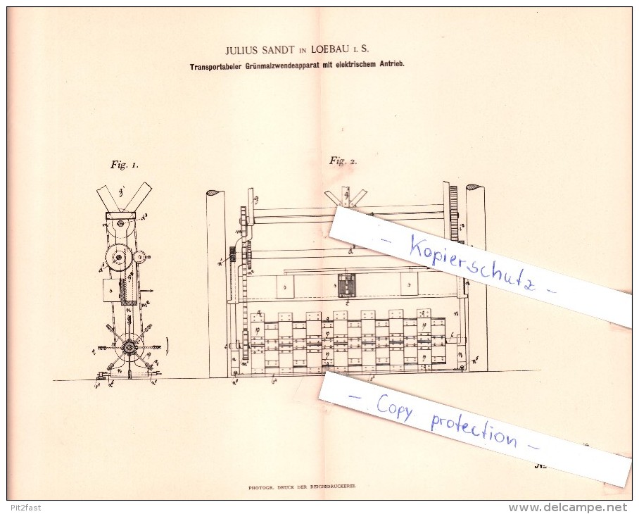 Original Patent - Julius Sandt In Loebau I. S. , 1892 , Grünmalzwendeapparat Mit Antrieb , Löbau , Agrar !!! - Loebau