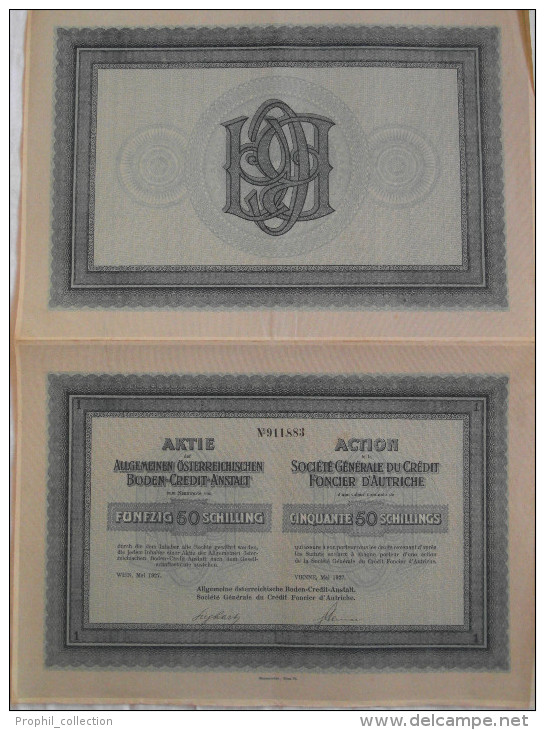 Action 1927 Societe Generale Credit Foncier D´Autriche 50 Schillings Titre Au Porteur - Other & Unclassified