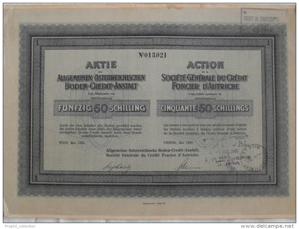 Action 1927 Societe Generale Credit Foncier D´Autriche 50 Schillings Titre Au Porteur - Other & Unclassified