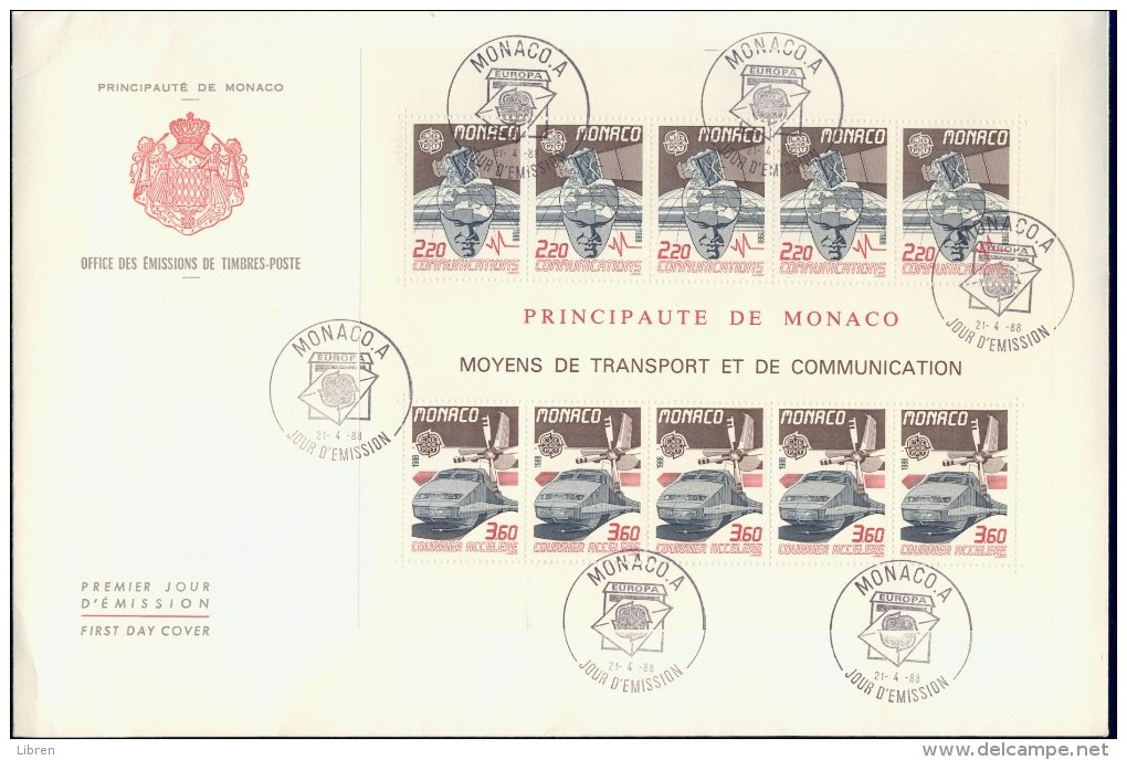 ECF1-124 MONACO 1988 FDC PHILEX KLB, FEUILLET 1859-1860 TRANSPORT AND COMMUNICATION, EUROPE CEPT. - 1988