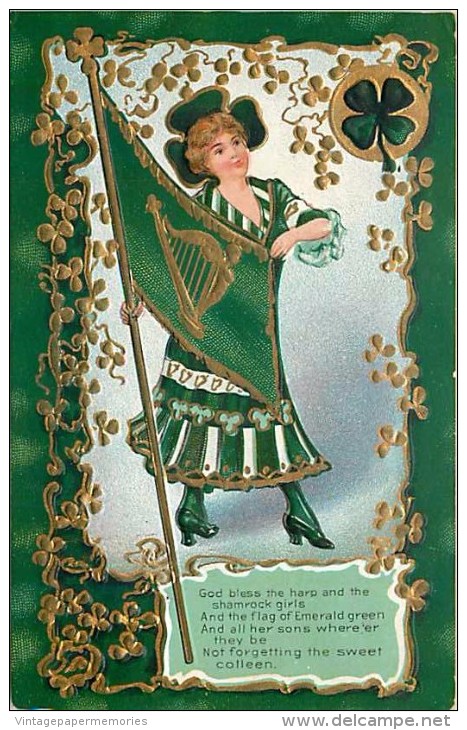 236701-Saint Patrick´s Day, Nash St Patrick Series No 4-1-Gold, Shamrock Girls, Woman With Harp Flag - Saint-Patrick's Day