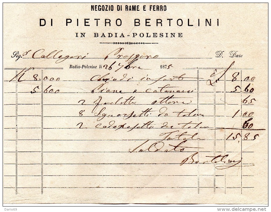 1875 NEGOZIO DI RAME E FERRO IN BADIA POLESINE - Italia