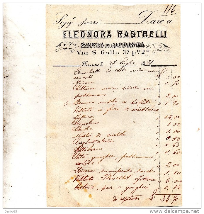 1891 ELEONORA RASTRELLI SARTA E MODISTA FIRENZE - Italie