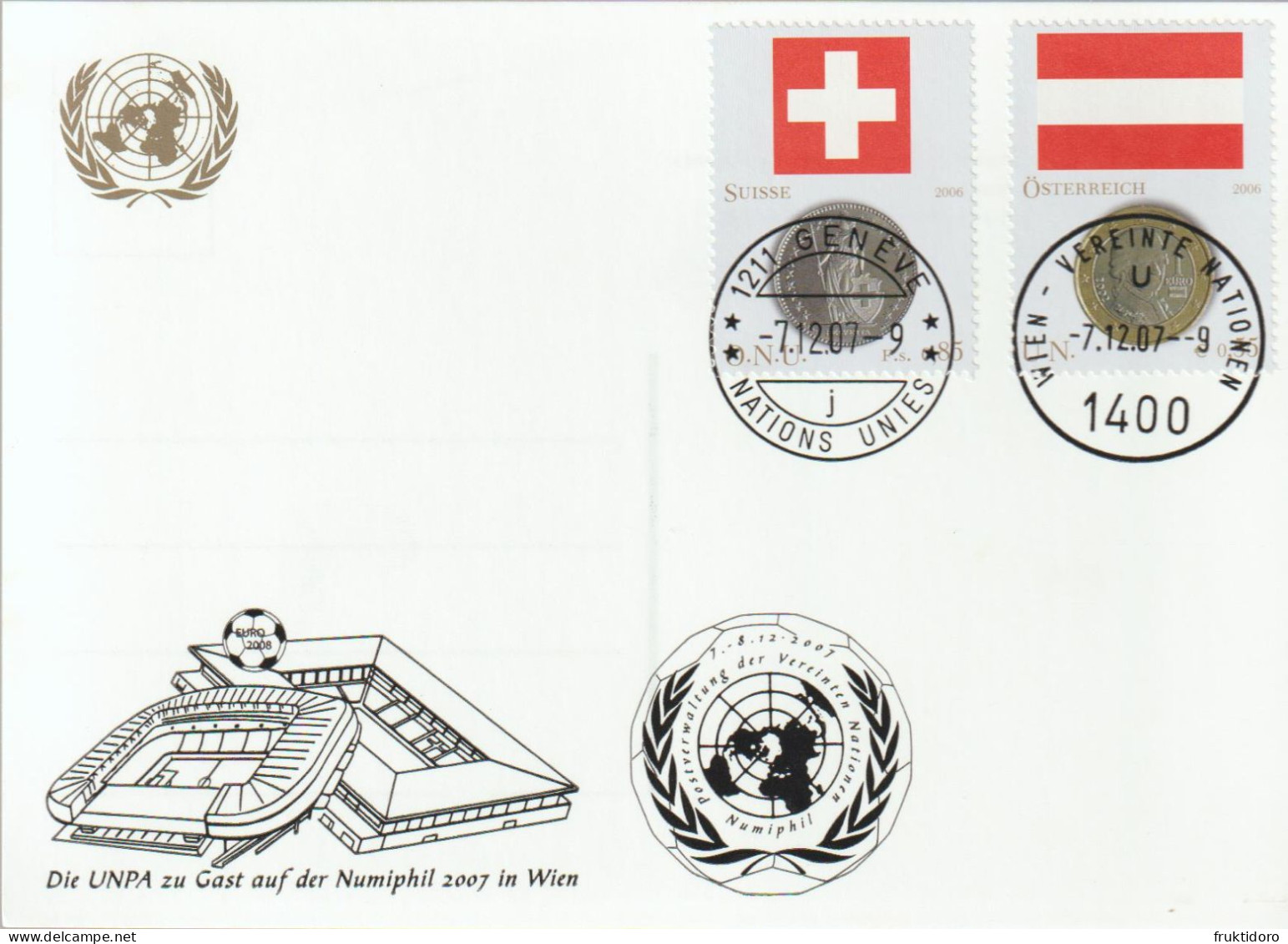 United Nations Exhibition Cards 2007 Sberatel Mi 504-505 World Heritage - Numiphil Mi 482 Flag & 1 Euro Coin - Cartas & Documentos