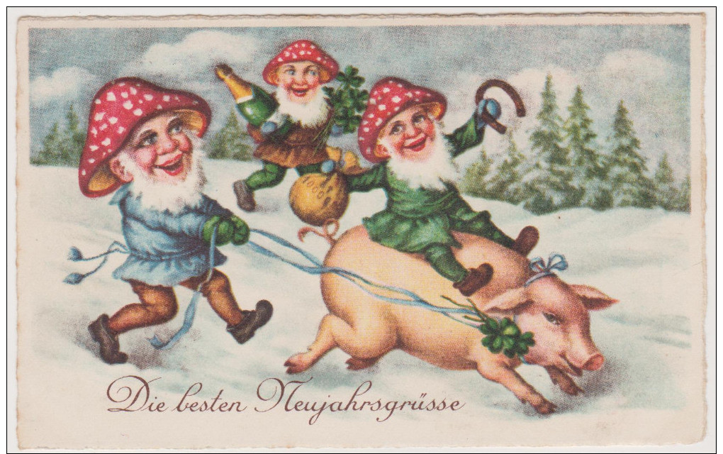 Glückwunsch Neujahr, Zwerg Reitet Glücksschwein, Fliegenpilz, Postkarte, Feiern, Feste - Neujahr