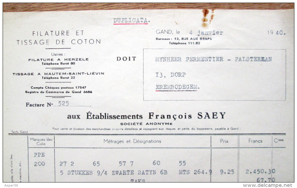 Filature Ets François Saey, Rue Aux Draps, Gent 1940 - 1900 – 1949