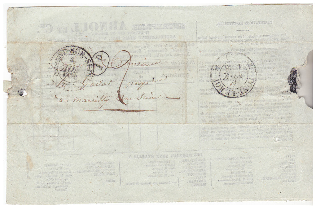 10 Nogent Sur Seine- Billet De Transport De Nogent S/s à Paris De 1836. Complet Tb état.Ets Arnoul. - Transports
