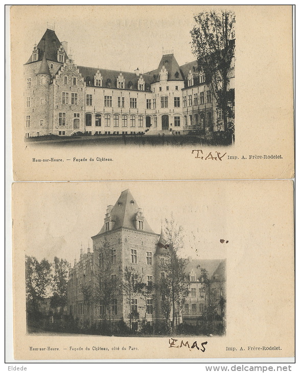 Ham Sur Heure 2 Cartes Chateau Imp. A. Frere Rodelet Timbrée Charleroi 1904 Vers Lahage Tintigny - Ham-sur-Heure-Nalinnes