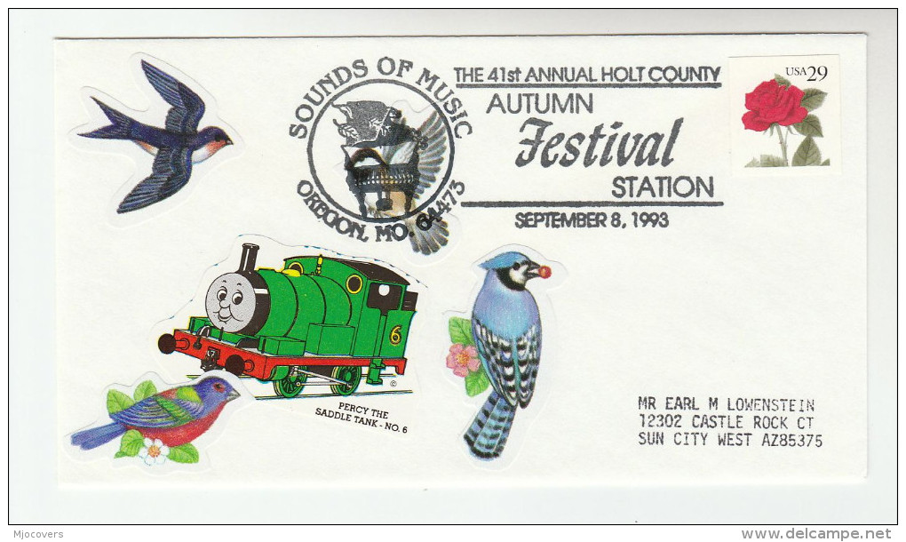 1993 HOLT COUNTY MUSIC FESTIVAL EVENT COVER USA Stamps Percy  Tank Engine Train Bird Label Theatre - Music