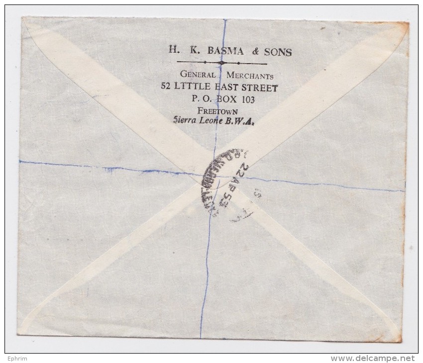 SIERRA LEONE - Registered Air Mail Cover 1953 Basma Sons General Merchants 52 Little East Street Freetown B.W.A. - Sierra Leone (...-1960)