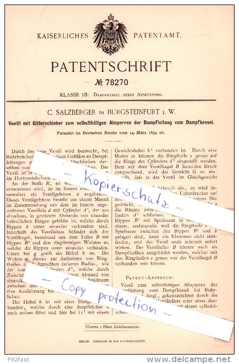 Original Patent - C. Salzberger In Burgsteinfurt I. W. , 1894 , Ventil Mit Gitterschieber , Steinfurt !!! - Steinfurt
