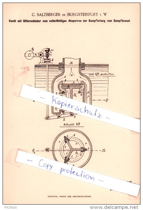 Original Patent - C. Salzberger In Burgsteinfurt I. W. , 1894 , Ventil Mit Gitterschieber , Steinfurt !!! - Steinfurt