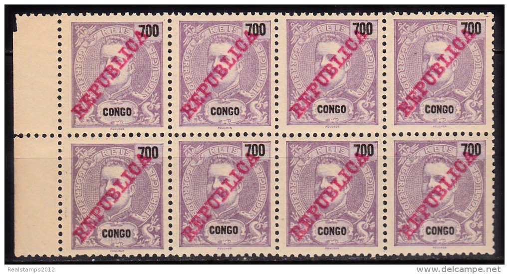 CONGO - 1911-  D. Carlos I, Com Sobrecarga «REPUBLICA»  700 R.   (BLOCO De 8)  ** MNH   MUNDIFIL  Nº 74 - Portugiesisch-Kongo