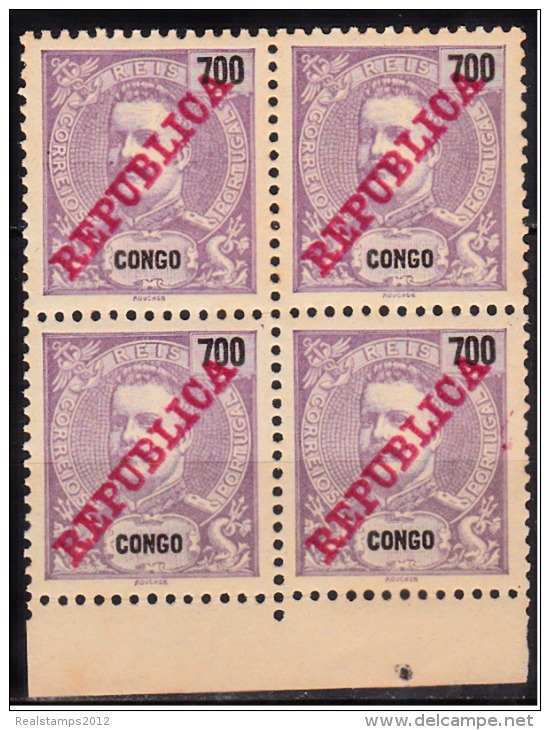 CONGO - 1911-  D. Carlos I, Com Sobrecarga «REPUBLICA»  700 R.   (QUADRA)  ** MNH   MUNDIFIL  Nº 74 - Congo Portugais
