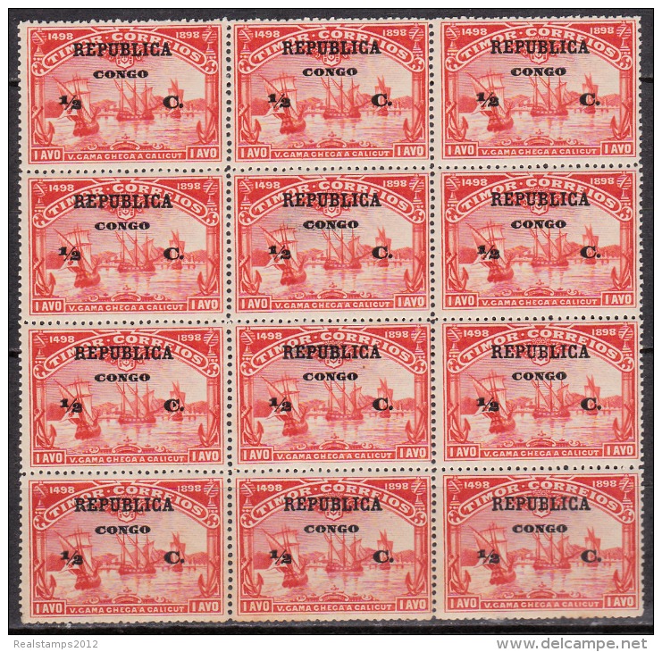 CONGO-1913- 4º Centº Descobª Cam. M. Índia.(Sobre Selos De Timor)  1/2 C. S/ 1 A.(BLOCO De 12)  ** MNH  MUNDIFIL  Nº 92 - Portugees Congo