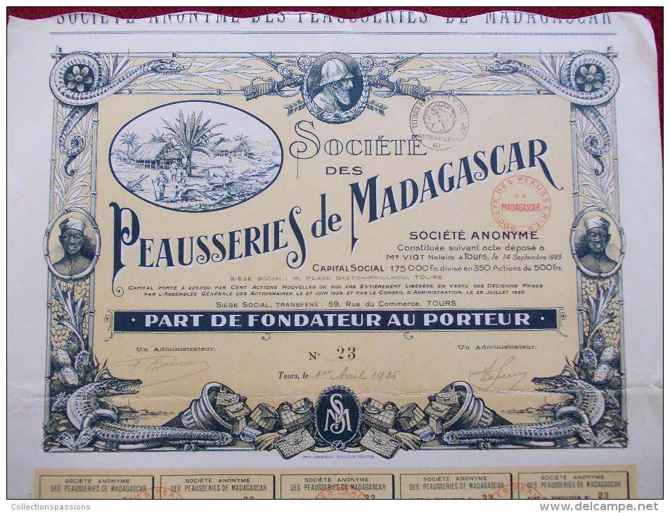 TRES RARE - Peausseries De Madagascar. Part De Fondateur Au Porteur. - Afrique