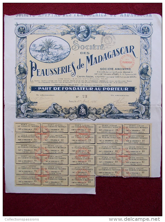 TRES RARE - Peausseries De Madagascar. Part De Fondateur Au Porteur. - Afrique