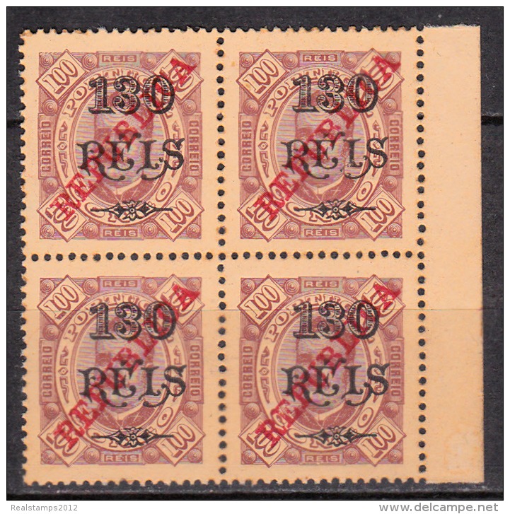 CONGO-1915 - D. Carlos I, C/ Sobga «REPUBLICA» 130 R. S/ 100 R. (QUADRA)  P. Porc.  * MH  D. 13 1/2  MUNDIFIL  Nº 129b - Congo Portugais