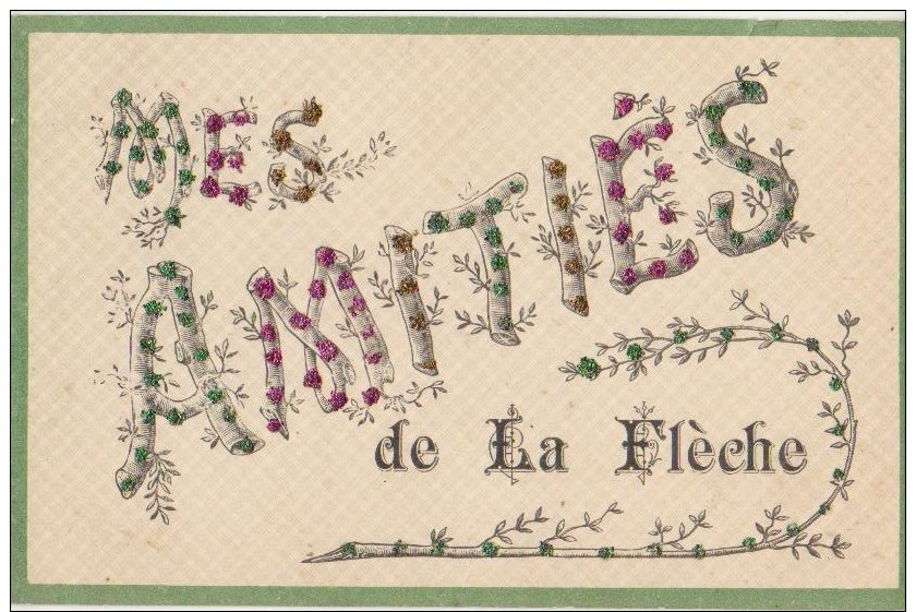 CPA 72 LA FLECHE Souvenir Fantaisie Mes Amitiés Carte Colorisée à Paillettes - La Fleche