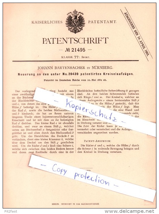 Original Patent - Johann Bartenbacher In Nürnberg , 1882 , Kreiselaufzüge , Sport , Spielzeug , Kreisel !!! - Antikspielzeug