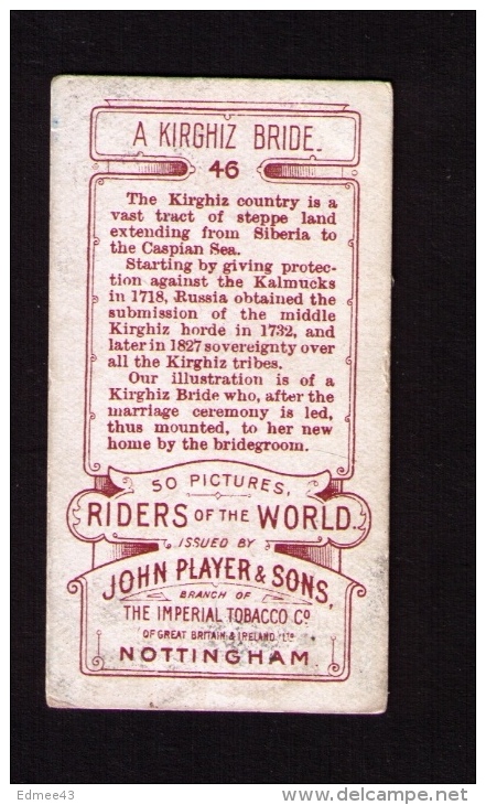 Petite Image (trade Card) Cigarettes John Player, « Riders Of The World » (cavaliers), N° 46, Marié Kirghiz - Player's