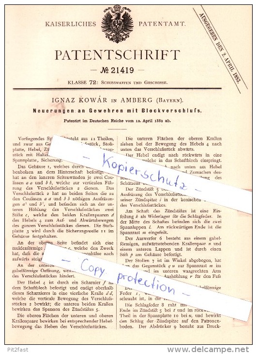 Original Patent - Ignaz Kowar In Amberg , Bayern , 1882 , Gewehr Mit Blockverschluß , Jagd , Waffe  !!! - Amberg